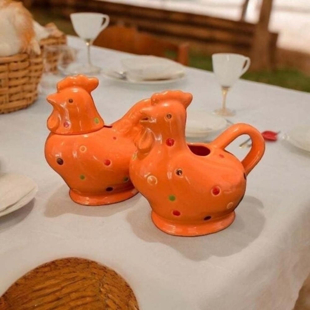 Temptations Orange Polka Dot Chicken Rooster Creamer Sugar Pot Set Ceramic VG